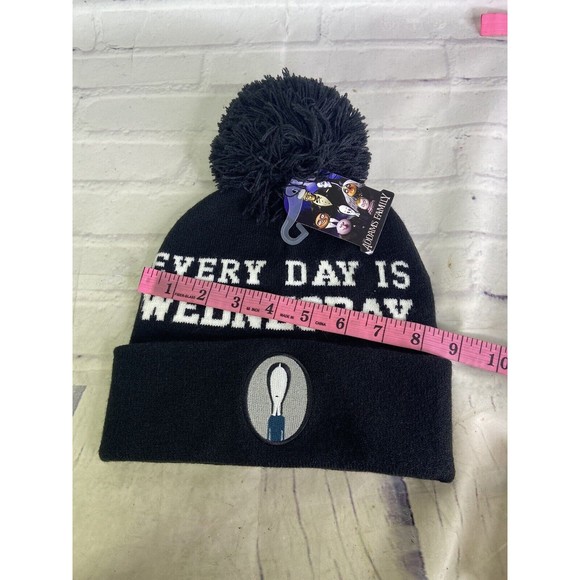 Addams Family Everyday Is Wednesday Black Pom Knit Beanie Cap Hat Adult OSFM - Picture 5 of 6